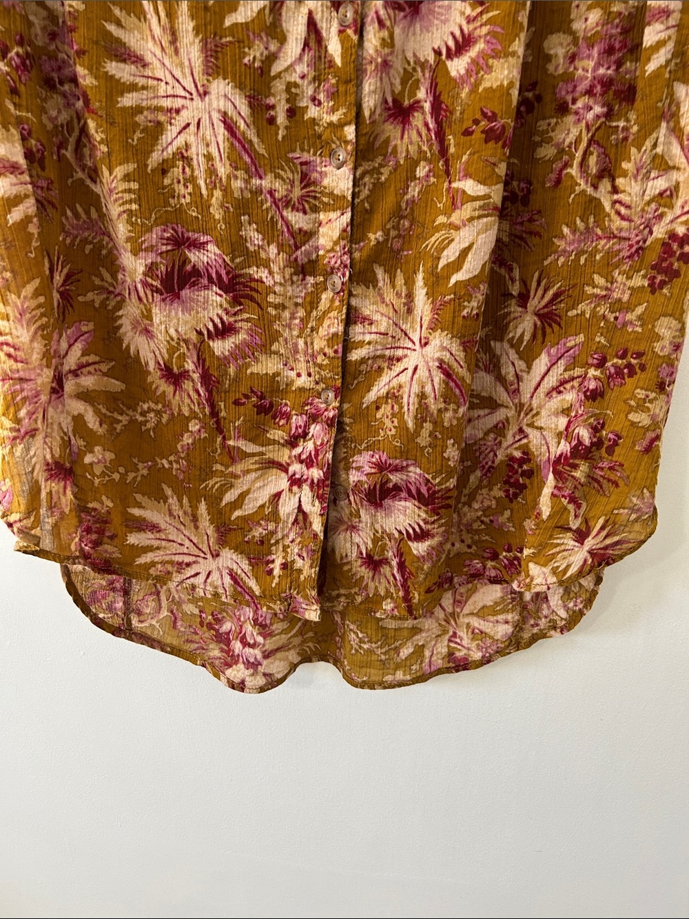 Pilcro Short Sleeved Batwing Button Blouse Mustard Pink Tropical Print Oversized - Picture 5 of 15